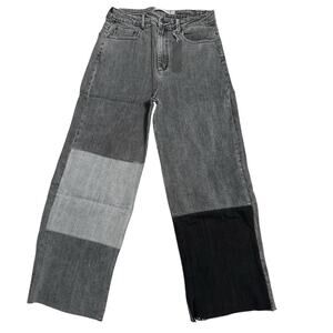 Tractr Gray Two Tone Patchwork High Rise Straight Jeans Women 27 Raw Hem Grunge